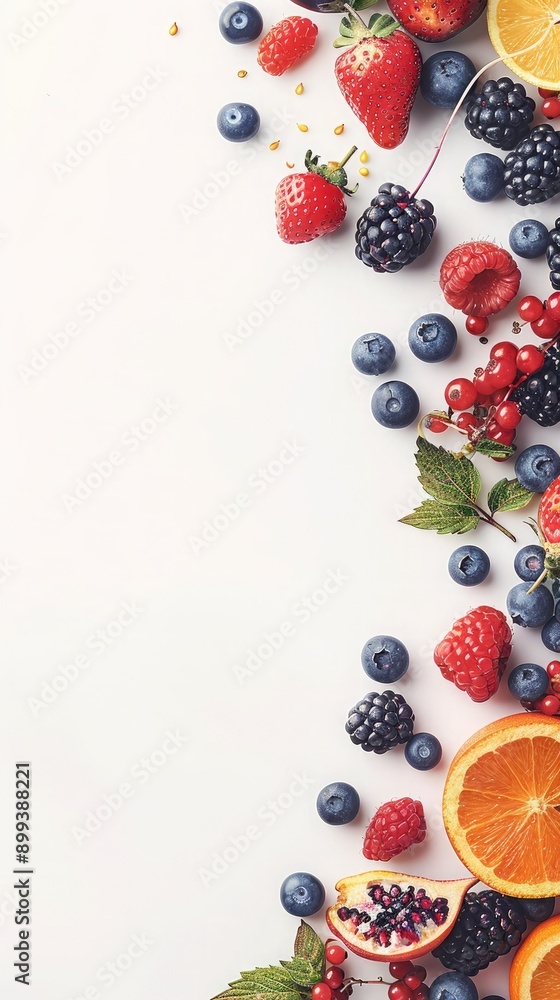 Brightly Colored Fresh Fruits Laid Out on a White Background for Summer Decoration Brightly Colored Fresh Fruits Laid Out on a White Background for Summer Decoration