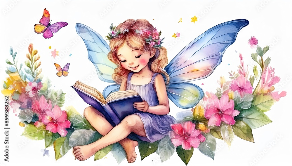 Enchanting watercolor illustration of a fairy reading a book surrounded by flowers and butterflies, perfect for fantasy-themed designs. Enchanting watercolor illustration of a fairy reading a book surrounded by flowers and butterflies, perfect for fantasy-themed designs.