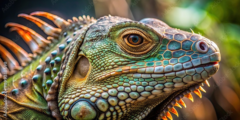 Fototapeta premium Close-up photo of iguana lizard showing intricate scale patterns and textures, iguana, lizard, reptile, close-up, scales
