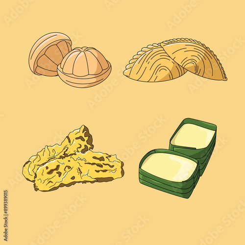 Delicious South East Asia traditional sweet, dessert, food, snack. Kuih muih of Malaysia, Singapore and Indonesia. Vector illustrator design, food clipart.