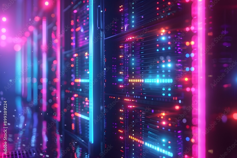 Fototapeta premium Neon Lit Digital Network Hub with Glowing Server Racks and Cables Representing the Core of Cyber Infrastructure