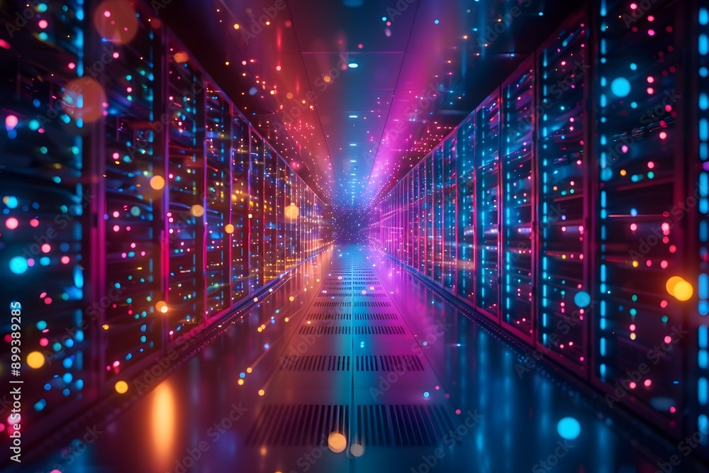 Neon Lit Data Center with Glowing Server Racks and Cables Digital Network Cyber Concept Neon Lit Data Center with Glowing Server Racks and Cables Digital Network Cyber Concept