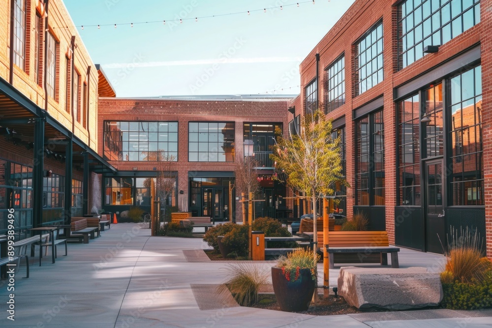 Aesthetic Exterior of Modern Tech Startup Hub with Brick Facades and Outdoor Seating - Design for Print or Poster Aesthetic Exterior of Modern Tech Startup Hub with Brick Facades and Outdoor Seating - Design for Print or Poster