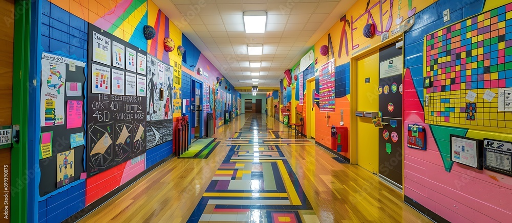 A vibrant school corridor decorated with student projects, colorful murals, and informational posters. The corridor is lively and engaging. A vibrant school corridor decorated with student projects, colorful murals, and informational posters. The corridor is lively and engaging.