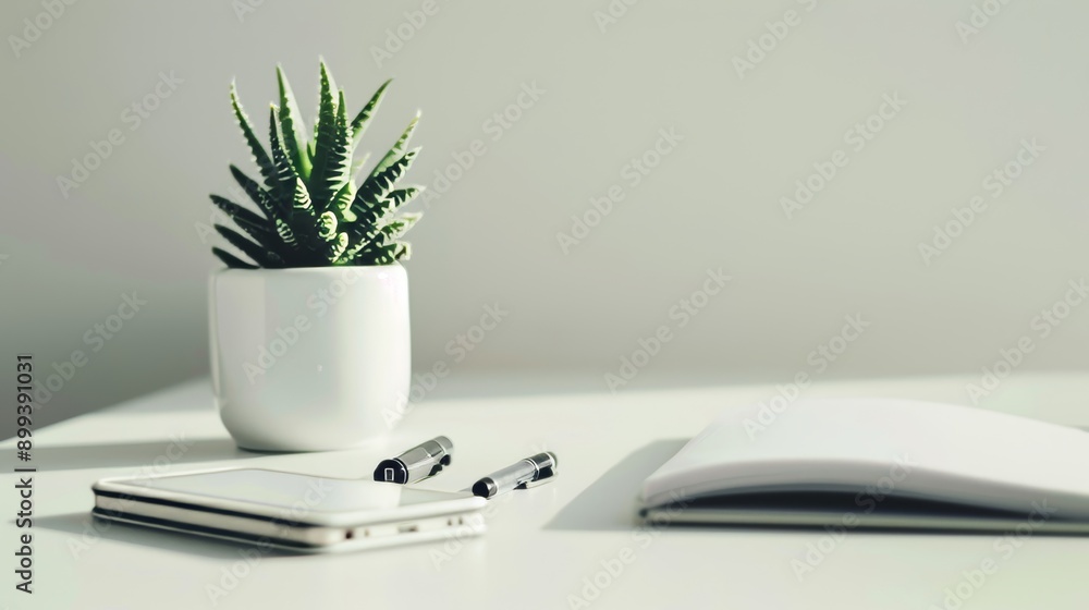 Modern school desk with notebook, pen, and small potted plant on a sleek design. Organized environment. Modern school desk with notebook, pen, and small potted plant on a sleek design. Organized environment.