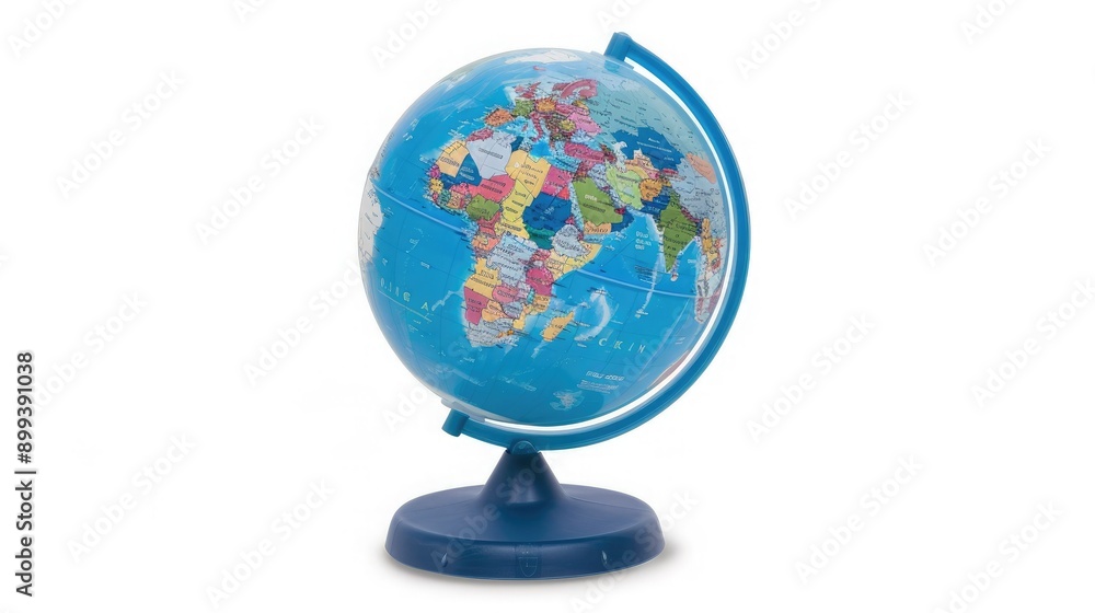 Colorful Educational Globe Displayed on a Blue Stand in a Classroom Setting Colorful Educational Globe Displayed on a Blue Stand in a Classroom Setting