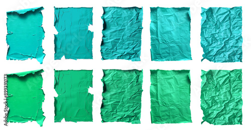 Collection set of turquoise blue green crushed wrinkle scrunch torn rectangle A4 paper, old torn crumple rip edges on transparent cutout, PNG. Many different design. Mockup template artwork graphic