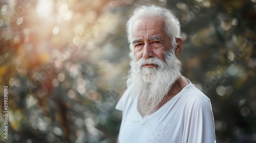 An older man with a long white beard and serene expression, wearing a simple white shirt, in front of a soft, blurred background. © Scott