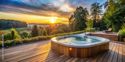 Bubbling hot tub on a wooden deck at sunset with lush greenery in the background, hot tub, wooden deck