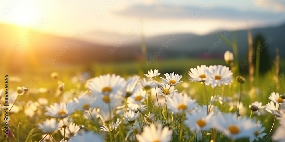 The meadows and fields of wildflowers are white at sunrise Artificial Intelligence Generated The meadows and fields of wildflowers are white at sunrise Artificial Intelligence Generated