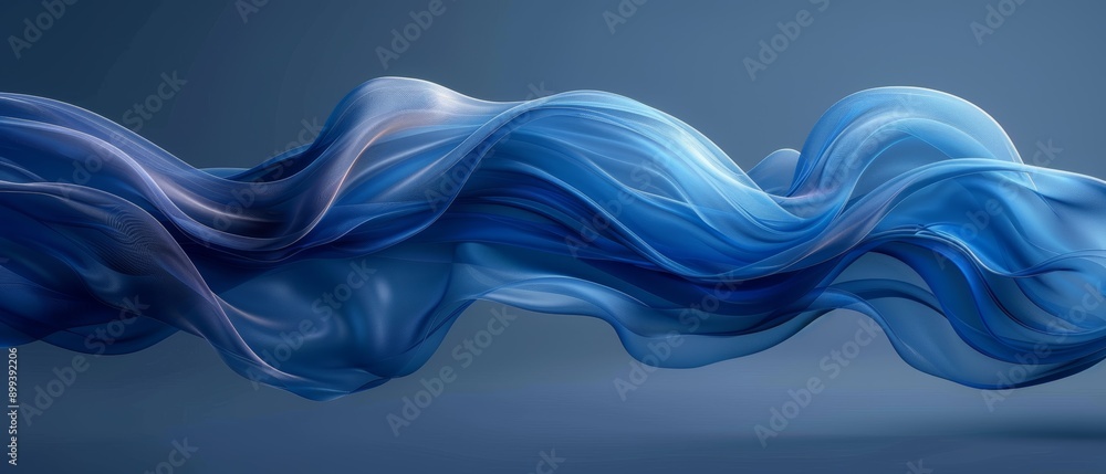 Fototapeta premium A blue-and-white wave, tinted with wind, unfurls against a dark blue backdrop, its left edge mirrored by a gentle light reflection