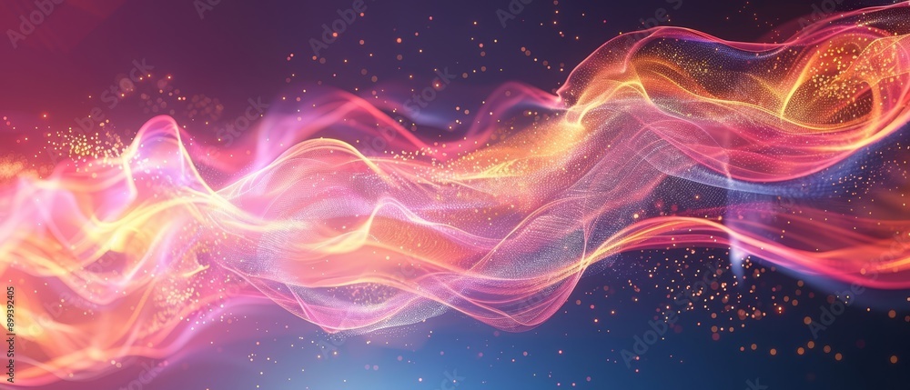 Fototapeta premium Wave of white light against blue and pink backdrop, featuring a red-yellow vortex
