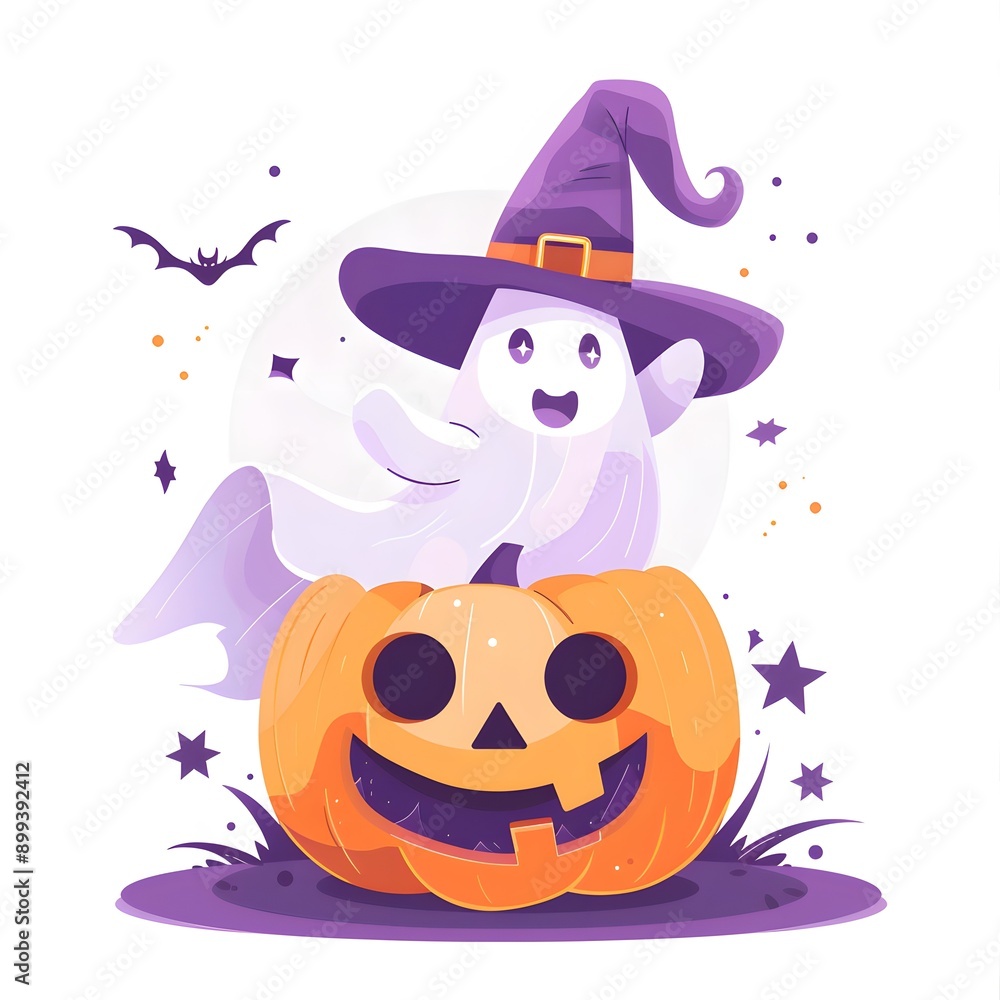 Halloween ghost in witch hat jumping out of pumpkin in flat style on white background. Halloween concept. Halloween ghost in witch hat jumping out of pumpkin in flat style on white background. Halloween concept.