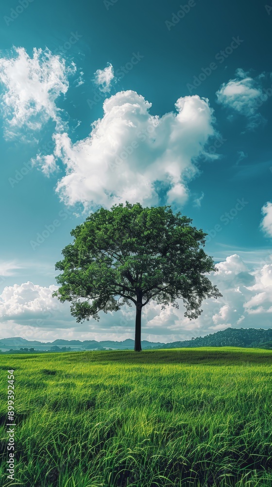 Obraz premium A solitary tree stands in a green field, surrounded by a blue sky dotted with white clouds