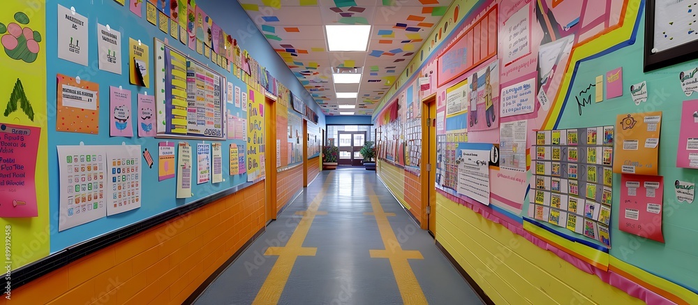A vibrant school corridor decorated with student projects, colorful murals, and informational posters. The corridor is lively and engaging. A vibrant school corridor decorated with student projects, colorful murals, and informational posters. The corridor is lively and engaging.