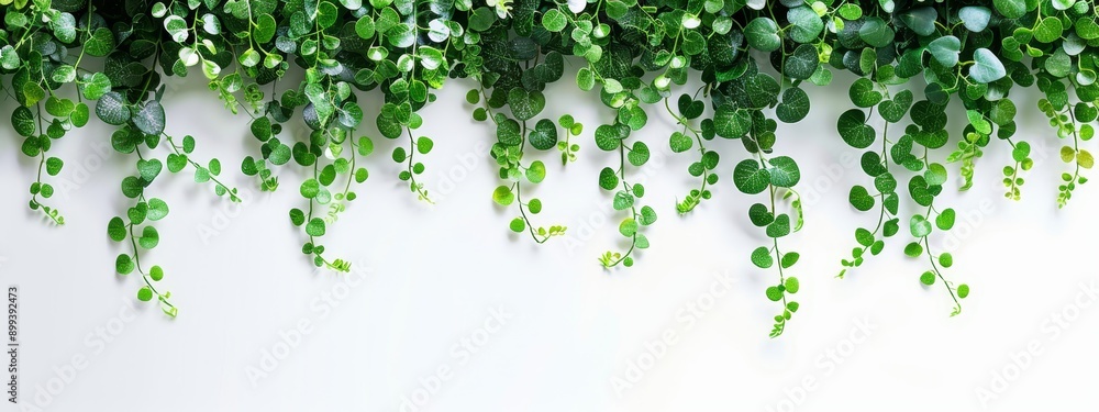 A white wall adorned with greenery; plants cascade from its sides against a backdrop of another white wall A white wall adorned with greenery; plants cascade from its sides against a backdrop of another white wall