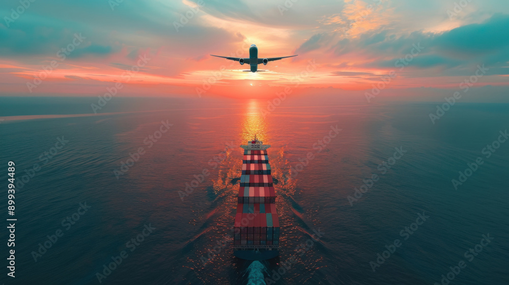 Airplane flying above the cargo ship boat full of colorful containers on sea or ocean water.