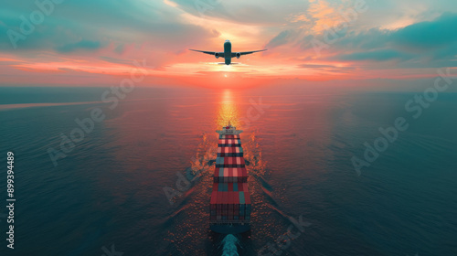 Obraz na płótnie Airplane flying above the cargo ship boat full of colorful containers on sea or ocean water. w salonie