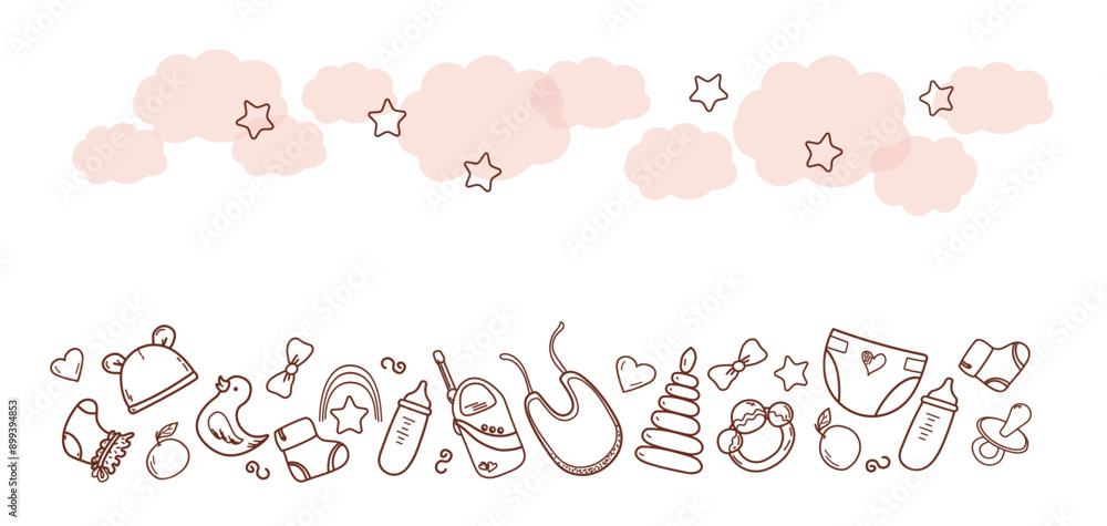 Vector hand-drawn doodle frame on a children's theme. Toys and items of children's hygiene and clothing. Linear illustration on a white background. For greeting cards and packaging. Vector hand-drawn doodle frame on a children's theme. Toys and items of children's hygiene and clothing. Linear illustration on a white background. For greeting cards and packaging.