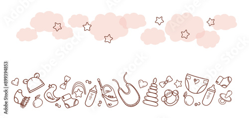 Vector hand-drawn doodle frame on a children's theme. Toys and items of children's hygiene and clothing. Linear illustration on a white background. For greeting cards and packaging.