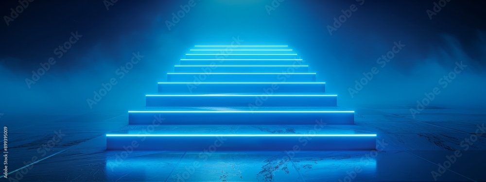 A set of blue stairs illuminated in the dark, lit from above by a source atop one step A set of blue stairs illuminated in the dark, lit from above by a source atop one step