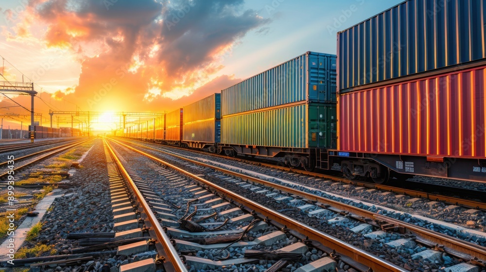 Cargo freight train with colorful containers on the railway, goods and products transportation.