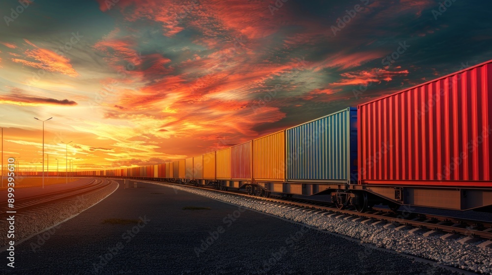 Cargo freight train with colorful containers on the railway, goods and products transportation. Cargo freight train with colorful containers on the railway, goods and products transportation.