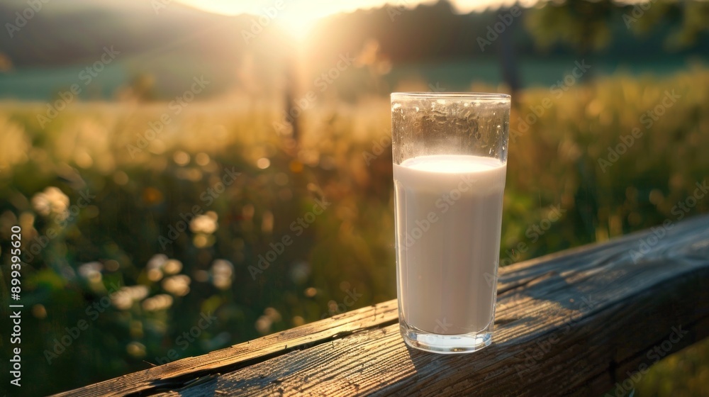 Closeup of glass of milk on wooden window, sunny countryside grass meadow field background. Closeup of glass of milk on wooden window, sunny countryside grass meadow field background.