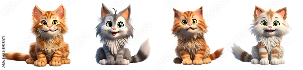 Adorable Cartoon Cats Sitting in a Row with Happy Expressions and Colorful Fur Patterns , on transparent background
Adorable Cartoon Cats Sitting in a Row with Happy Expressions and Colorful Fur Patterns , on transparent background