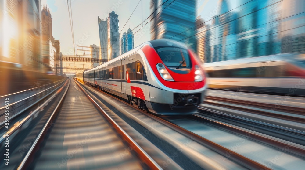 Fast train moving or traveling on a railway through the urban city with motion blur effect, tall buildings in the background. Fast train moving or traveling on a railway through the urban city with motion blur effect, tall buildings in the background.