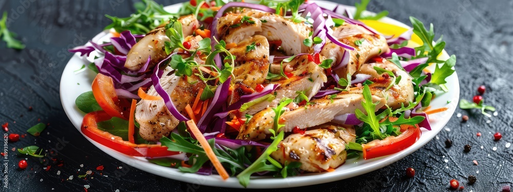 salad with baked chicken on a plate. Selective focus. salad with baked chicken on a plate. Selective focus.