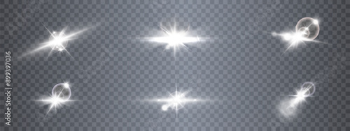 White glowing light explodes on a transparent background. Bright Star. Transparent shining sun, bright flash. Vector graphics.  © Valeriia