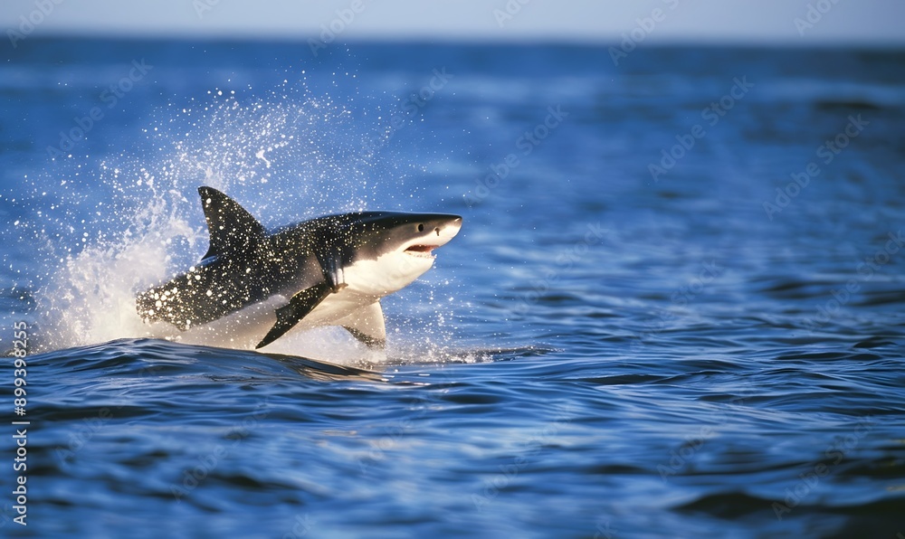 Fototapeta premium Great White Shark leaping out of the water , Generative AI