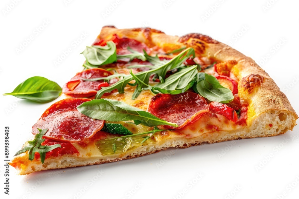 A delicious pepperoni pizza slice topped with fresh basil leaves on a white background, perfect for food and culinary themes. A delicious pepperoni pizza slice topped with fresh basil leaves on a white background, perfect for food and culinary themes.