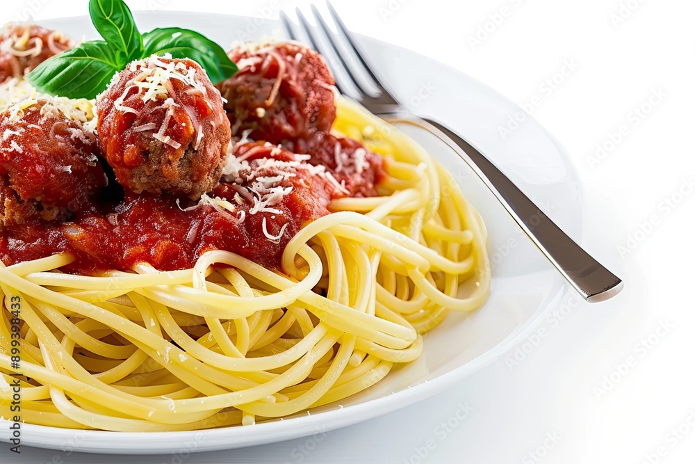 Delicious spaghetti with meatballs and tomato sauce on a white plate, garnished with basil and grated cheese. Italian cuisine at its finest. Delicious spaghetti with meatballs and tomato sauce on a white plate, garnished with basil and grated cheese. Italian cuisine at its finest.