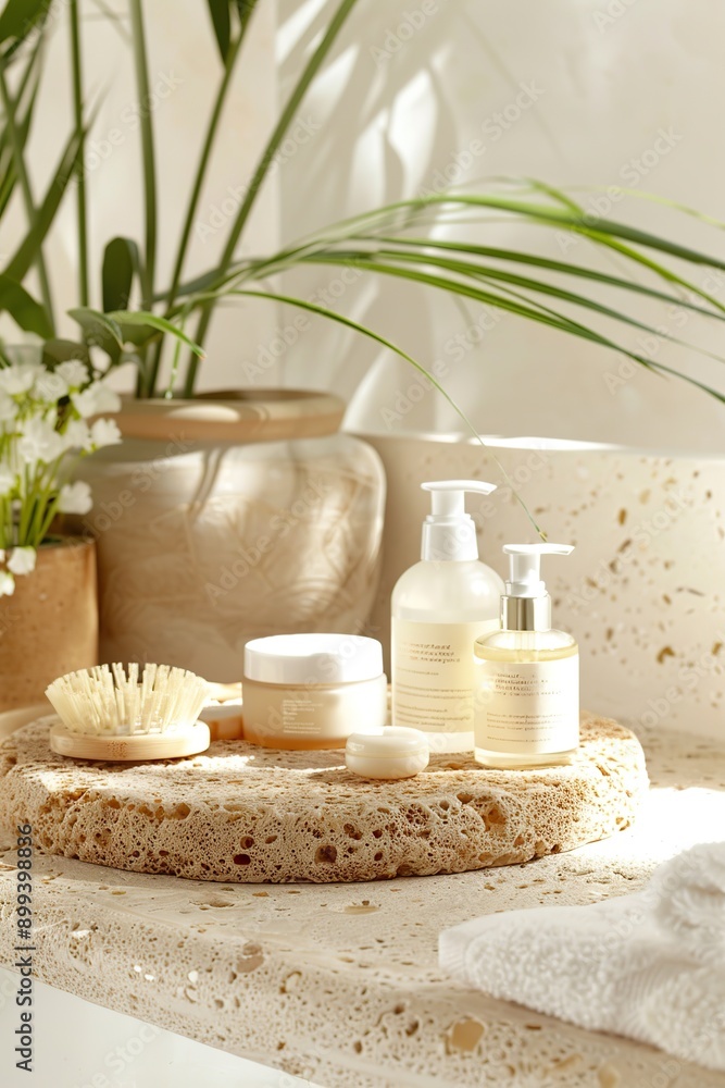 skincare products, including a moisturizer, a serum and a face mask, arranged on a modern bathroom counter. Realistic photo skincare products, including a moisturizer, a serum and a face mask, arranged on a modern bathroom counter. Realistic photo