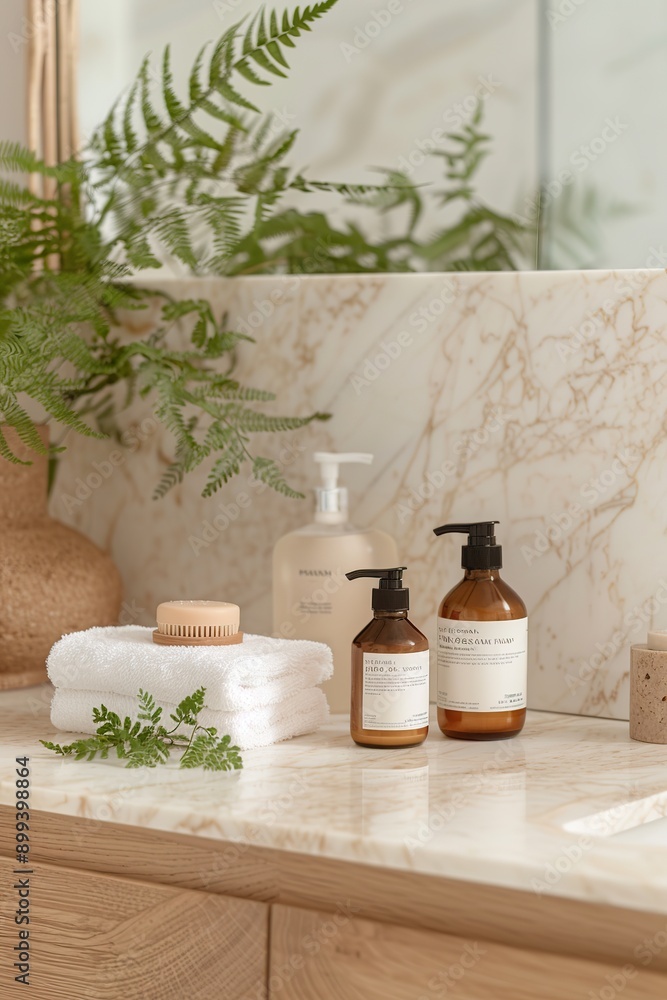 skincare products, including a moisturizer, a serum and a face mask, arranged on a modern bathroom counter. Realistic photo skincare products, including a moisturizer, a serum and a face mask, arranged on a modern bathroom counter. Realistic photo