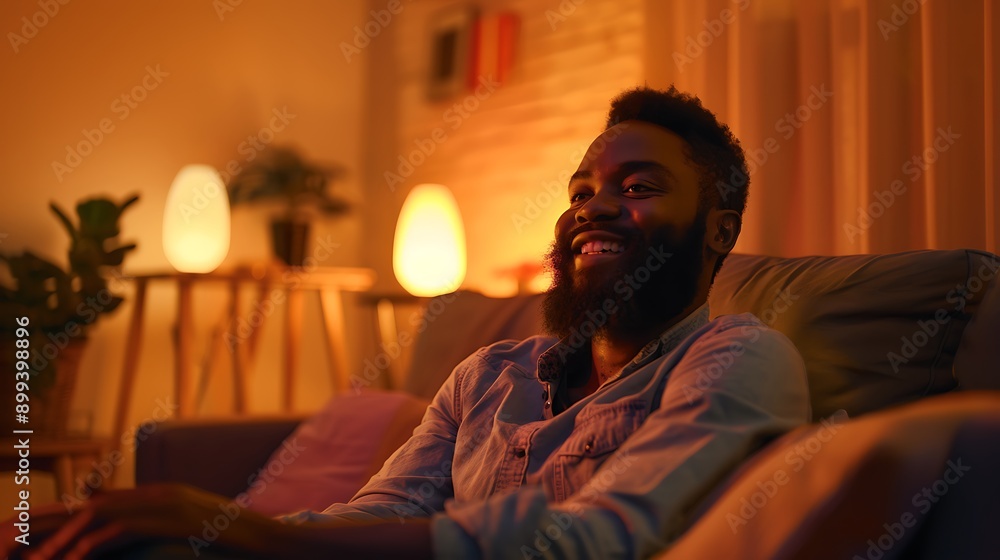 A black man with a full beard, wearing a casual shirt, smiling warmly while sitting in a cozy living room. A black man with a full beard, wearing a casual shirt, smiling warmly while sitting in a cozy living room.