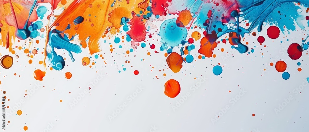 Blue, orange, red, and yellow drops on white paper