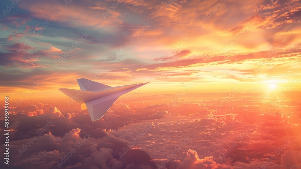 Paper airplane flying into the sunset sky air. Paper airplane flying into the sunset sky air.