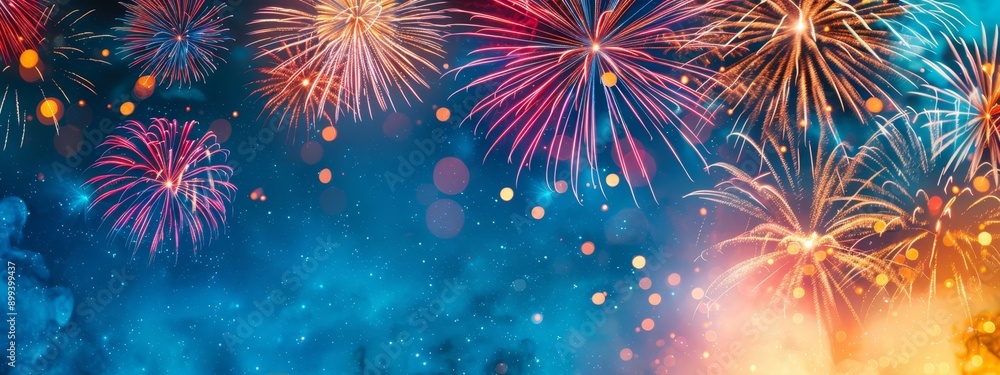 Fototapeta premium A plethora of fireworks illuminate the night sky against a backdrop of blue The foreground displays a blend of red, yellow, and blue hues
