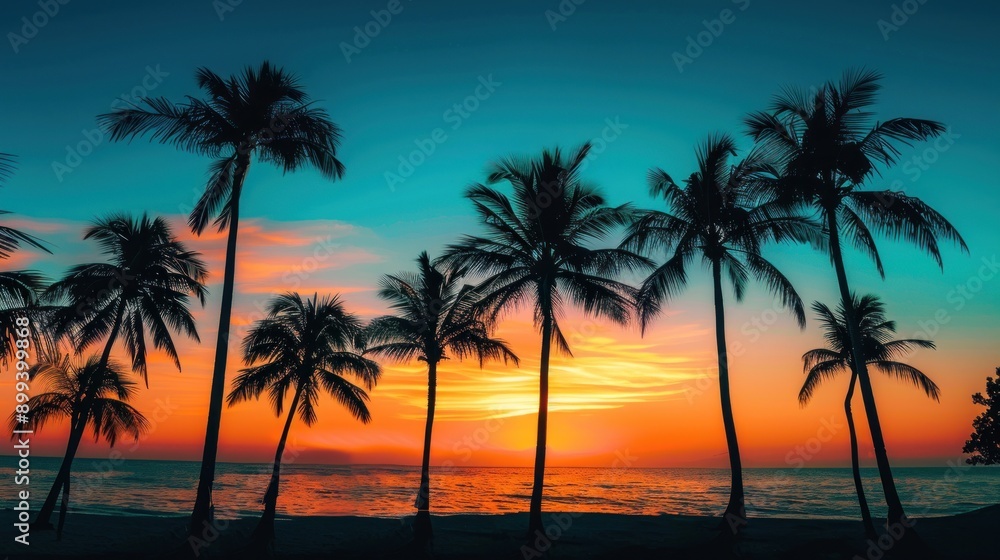 Silhouette of palm trees at orange and green or blue twilight sunset sky background. Silhouette of palm trees at orange and green or blue twilight sunset sky background.