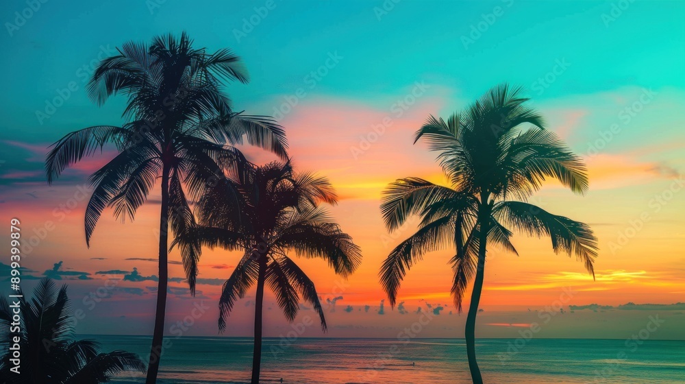 Silhouette of palm trees at orange and green or blue twilight sunset sky background. Silhouette of palm trees at orange and green or blue twilight sunset sky background.