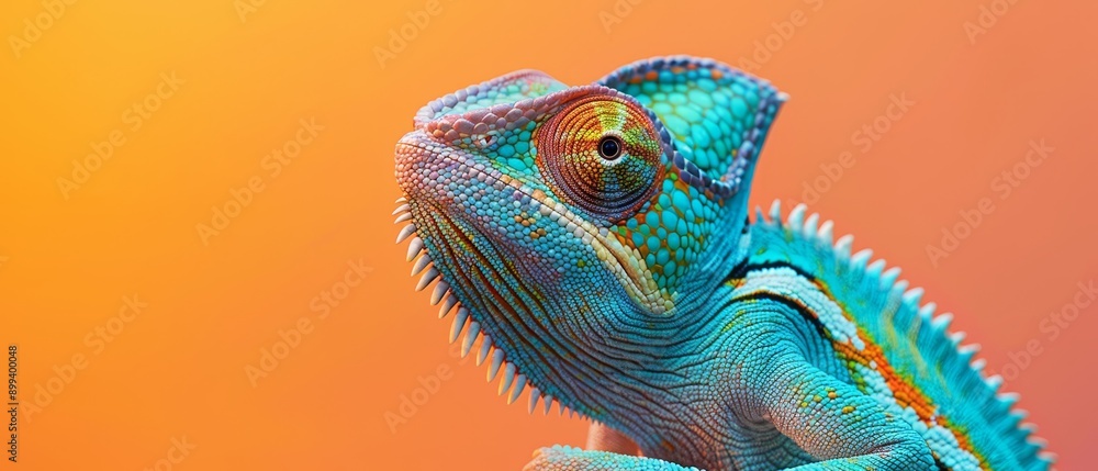 Obraz premium A tight shot of a chameleon with blues and oranges, against a backdrop of pinks and oranges, softly blurred