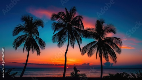 Silhouette of palm trees at orange and green or blue twilight sunset sky background. © Sompoch