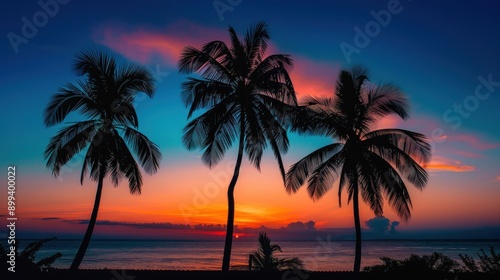 Silhouette of palm trees at orange and green or blue twilight sunset sky background.