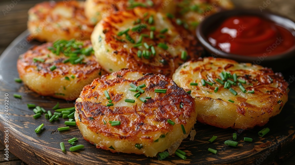 Golden Brown Potato Pancakes with Chives and Ketchup Golden Brown Potato Pancakes with Chives and Ketchup
