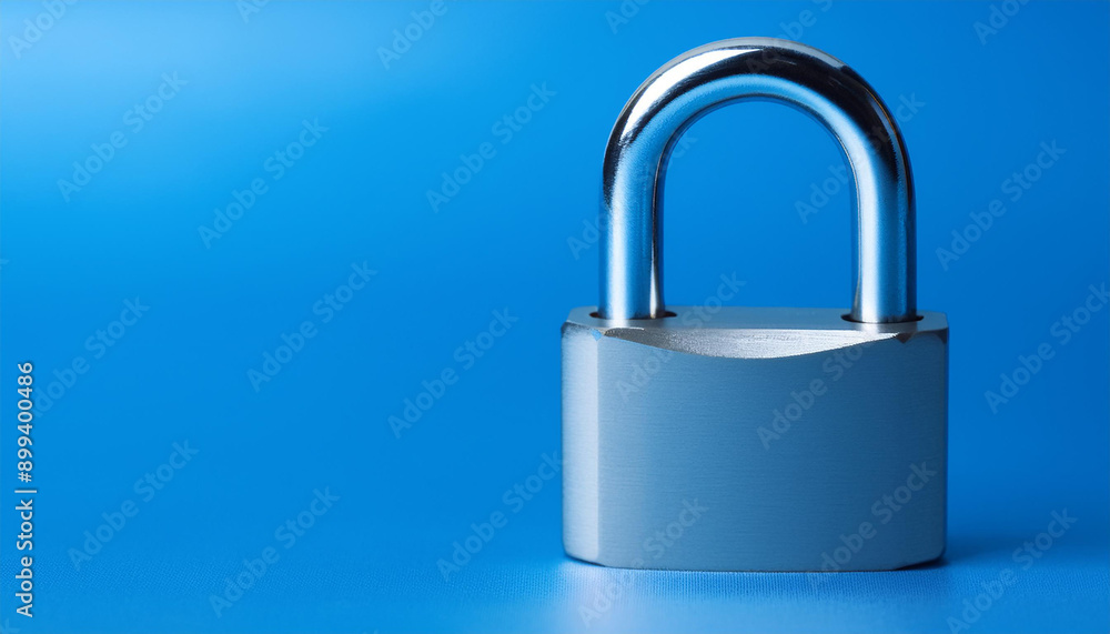 Metal padlock on blue backdrop. Security concept. Close-up. Metal padlock on blue backdrop. Security concept. Close-up.