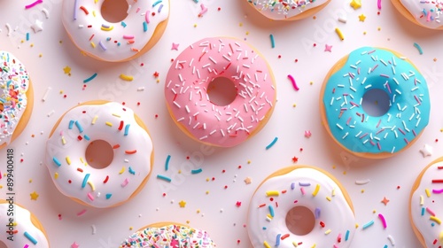 Top view illustration of different various donuts with pink, blue and white cream and colorful sprinkles.