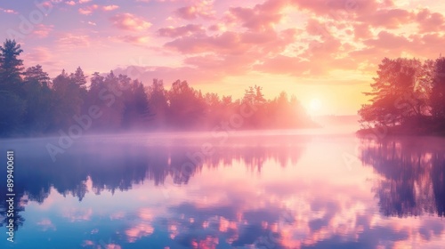 Tranquil landscape of dawn sunrise or dusk sunset over the misty foggy lake, trees water reflection, pink and orange sky.